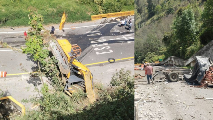 grave-accidente-en-la-via-calarca-–-cajamarca,-en-el-tunel-los-azulejos;-tractocamion-que-transportaba-una-excavadora-choco-con-otro-camion