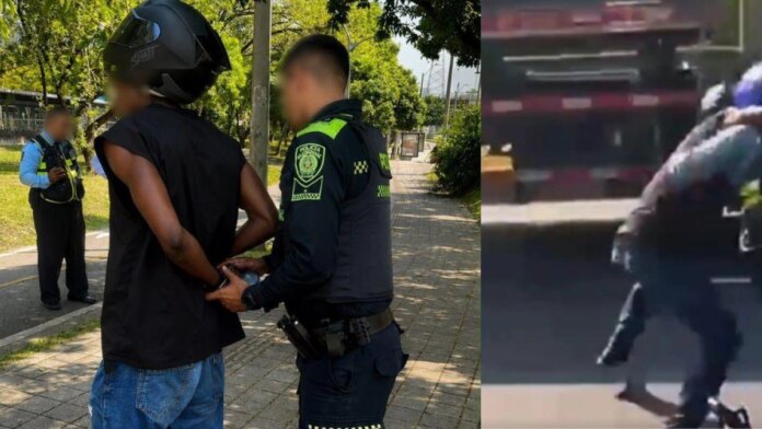 video-|-capturan-en-medellin-a-un-motociclista-por-golpear-a-un-agente-de-transito-en-control-vial:-uniformado-cayo-cerca-de-un-camion